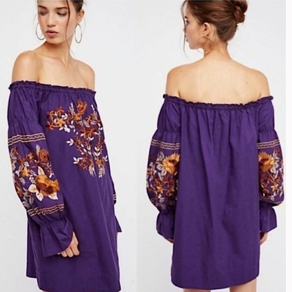 Free people Fleur Du Jour Embroidered Purple Mini Boho Cotton Dress XS - Picture 4 of 12
